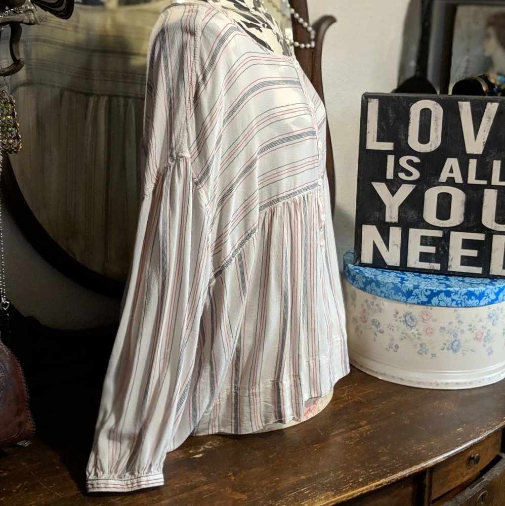 Boho Top Long Sleeve Cream Red Striped - Picture 2 of 8